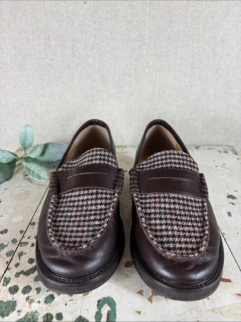 Steve Madden > Brown Leather Penny Loafers with Houndstooth Panel 7.5